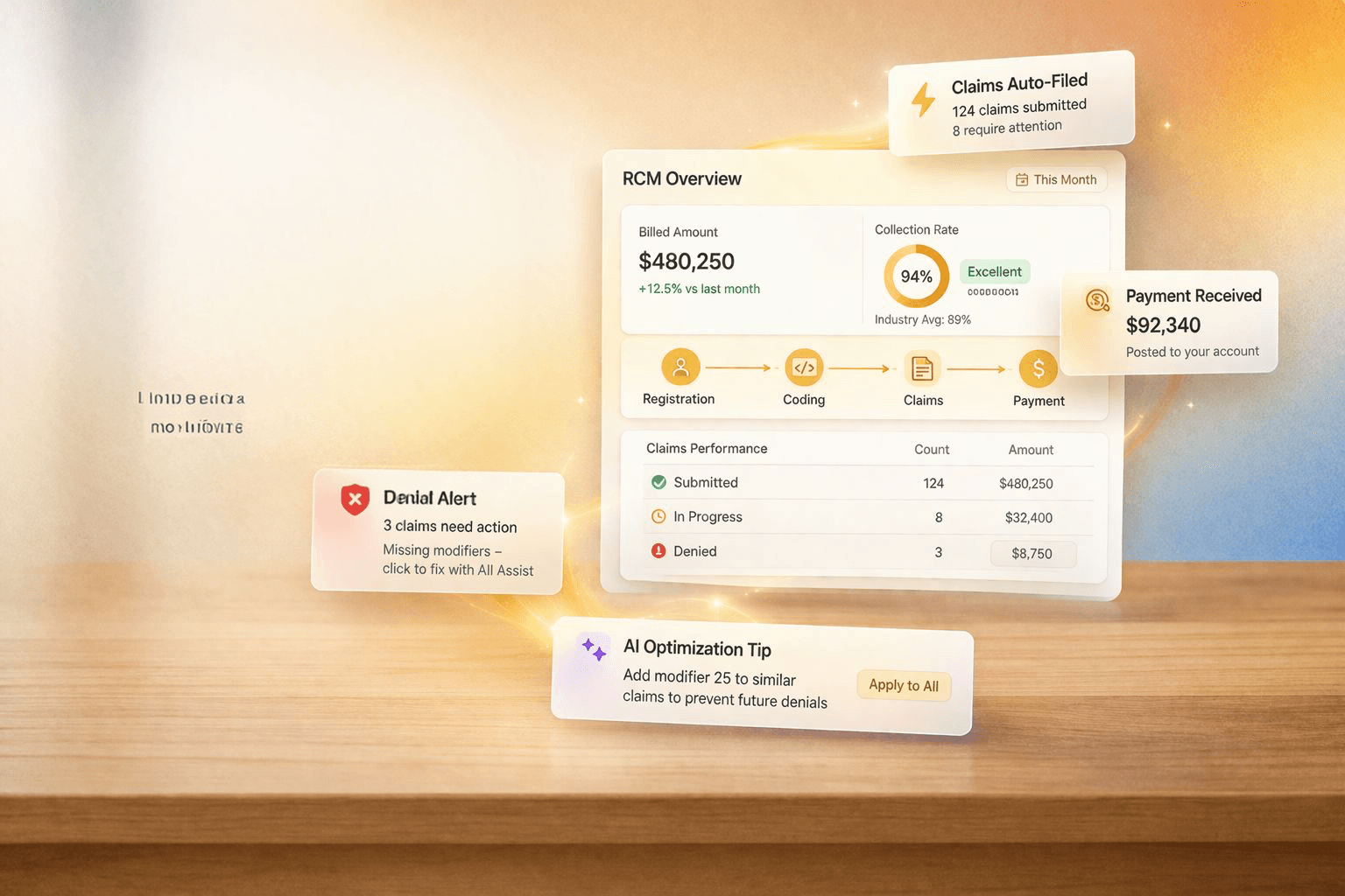 Revenue cycle management dashboard showing claims overview and analytics